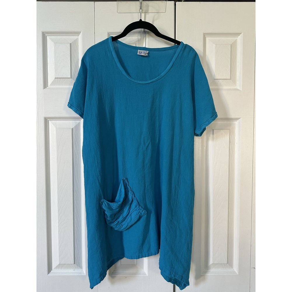 Oh My Gauze Blue Tunic Top 100% Cotton Crinkle Oversized Boxy Asymmetrical